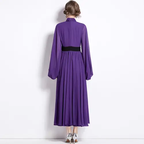 Vintage Purple Chiffon Patchwork Pleated Maxi Dress Women's Stand Long Lantern Sleeve Loose A Line Evening Party Robe Vestidos