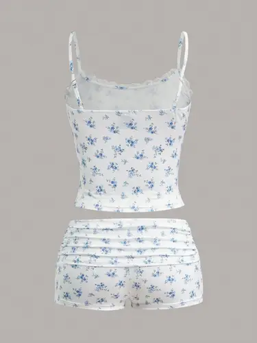 European and American spring and summer flower print lace neckline casual pants set