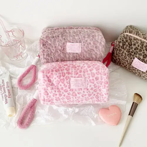 Leopard Print Plush Makeup Bags with Handle Portable Travel Cosmetic Storage Bag Toilet Bag Cute Pencil Case Fashion Handbag