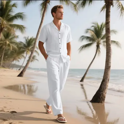 Summer 2025 Casual Linen Short-Sleeved Shirt And Long Pants Set Fashionable Beach Lapel Button Classic Outfit