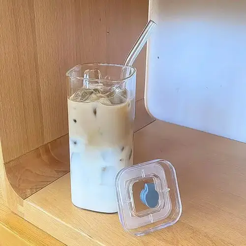 كوب زجاجي مربع مقاوم للحرارة مع غطاء ومصاصة للمشروبات hot/cold