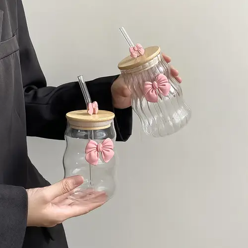 1Pc Glass Cup with Lid and Straw, Elegant Bow-Knot Glass Cup for Girls, Wavy Glass Cup with Lid and Straw, Striped Glass Cup, Suitable for Home Decoration, Home Drinking, Breakfast Cup, Milk Cup, Afternoon Tea Coffee Cup, Valentine's Day Gift