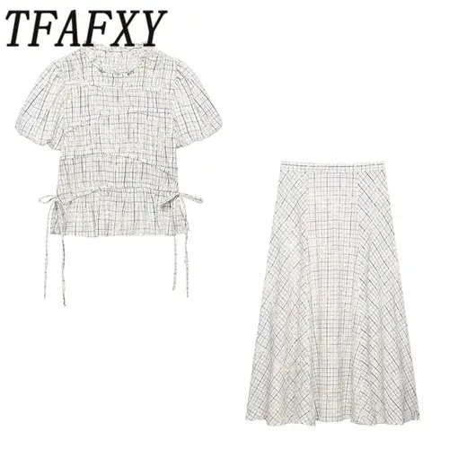 TFAFXY 2026 Summer Bow Plaid Embroidered Blouse Women Sets A-line Midi Long Skirt Suits Y2K