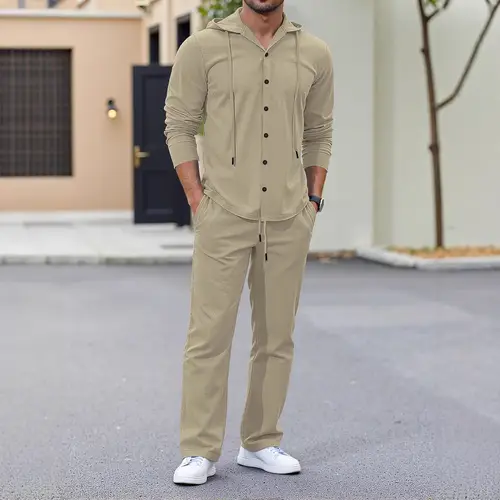 Loose Linen Men's Shirt And Pants Set with Long Sleeves And Hood Casual Wear for Spring And Autumn Season Button down