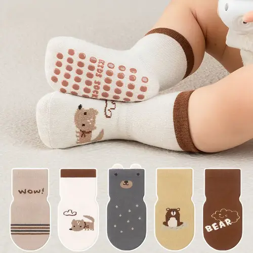5 Pairs Kids Non-slip Socks Cotton Boys and Girls Cute Cartoon Patterned Comfy Breathable Baby Toddler Floor Socks