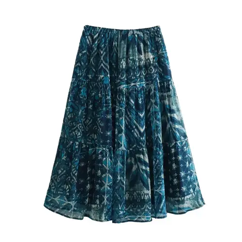2025 Spring New Product Women's Fashion Casual Loose Round Neck Printed Shirt Printed Drawstring Skirt Set