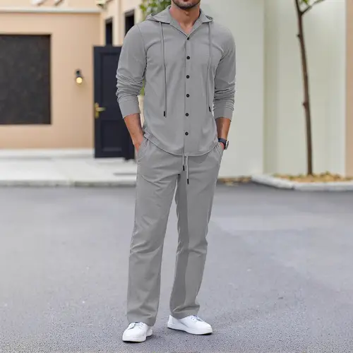 Loose Linen Men's Shirt And Pants Set with Long Sleeves And Hood Casual Wear for Spring And Autumn Season Button down