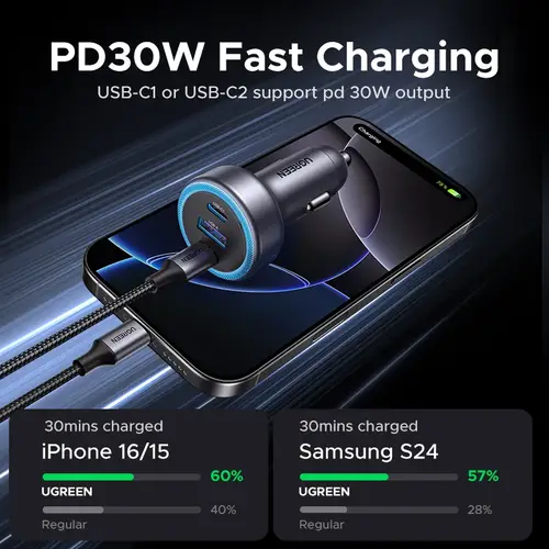 يوجرين شاحن سيارة سريع PD بقوة 30 واط منفذ USB-C