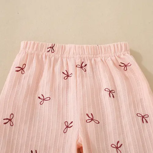 Spring and Autumn Female Infants Pink Bow Printed Suspender Skirt and Pink Trousers Two-piece Set