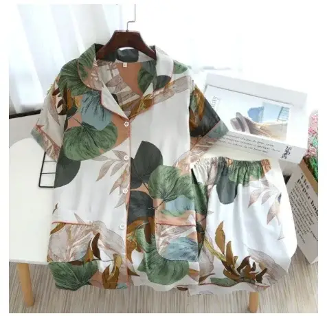Summer new ladies 100%viscose pajama set short-sleeved shorts thin section home service loose large size two piece set plus size