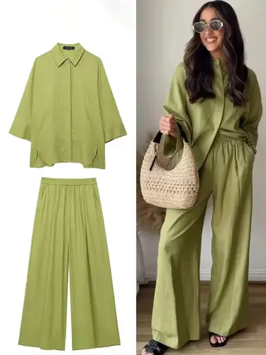 TRAFZA Women Casual Solid Blouse Pant Sets Loose Long Sleeve Lapel Shirts Elastic Waist Wide Leg Trousers Office Lady Suit