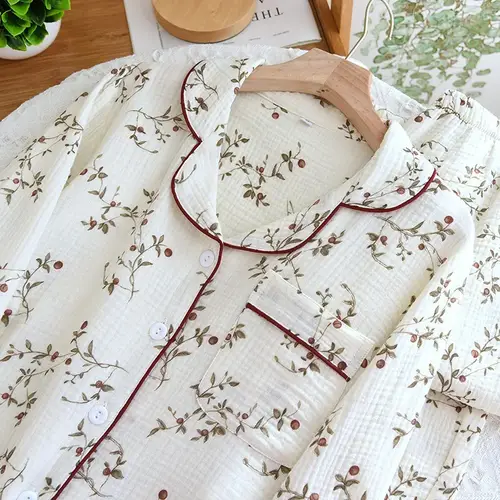 2026 Japanese Spring and Autumn New Women's Pajama Set 100% Cotton Crepe Long sleeved Pants Cardigan Cute Plus Size Home Fury