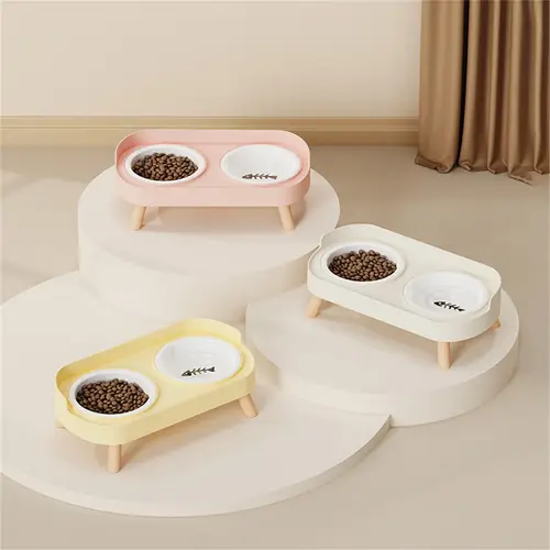 Pet cat double bowl feeder, adjustable height cat and dog water dispenser, elevate feeding kitten supplies