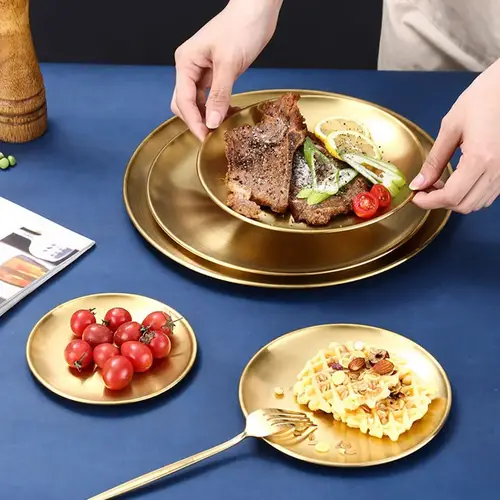6Pcs Gold Stainless Steels Round Plate Rust-Proof Shallow Tray Plate Camping Plate BBQ Picnic Dishes Cookware