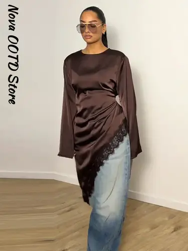 نوفا أوتد بلوزة ساتان نسائية بتطريز دانتيل وحزام