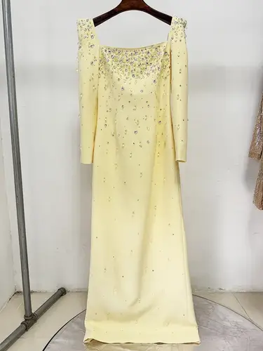 HIGH QUALITY Newest Fashion 2025 Designer Vestido Women's Square Collar Beading Diamonds Long Sleeve Maxi Dress