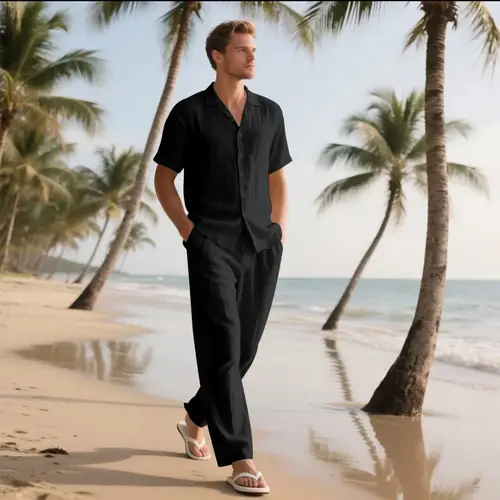 Summer 2025 Casual Linen Short-Sleeved Shirt And Long Pants Set Fashionable Beach Lapel Button Classic Outfit