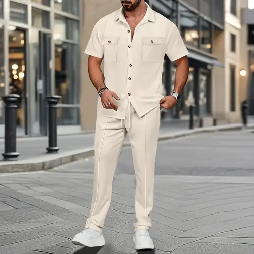2025 Men's summer Waffle new suit button pocket shirt short sleeve trousers fashion casual breathable two-piece set