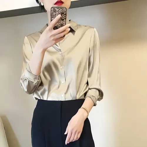 SYSD قميص نسائي ساتان سادة بأكمام طويلة وأزرار