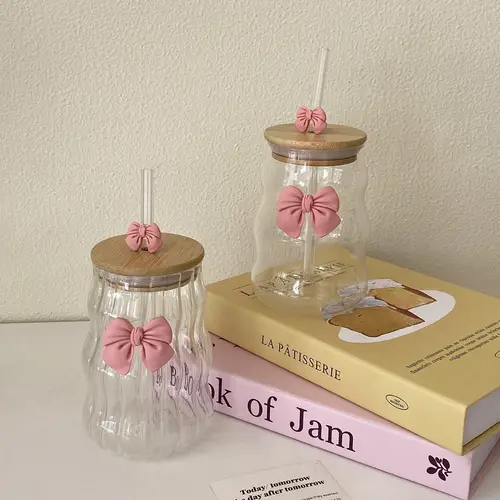 1Pc Glass Cup with Lid and Straw, Elegant Bow-Knot Glass Cup for Girls, Wavy Glass Cup with Lid and Straw, Striped Glass Cup, Suitable for Home Decoration, Home Drinking, Breakfast Cup, Milk Cup, Afternoon Tea Coffee Cup, Valentine's Day Gift