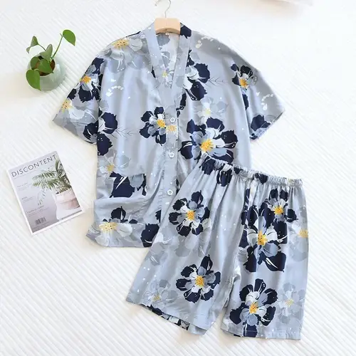 New Summer Ladies 100% Viscose Pajamas Short Sleeve Shorts Two Piece Floral V-Neck Thin Loose Women's Homewear Set sleepwear