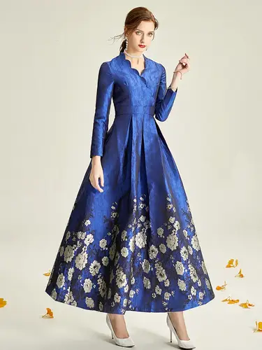 DEVCHATA High Quality Elegant Brocade Jacquard Women Long Maxi Dress Fashion Blue Floral Ladis Party Fall Autumn Winter Clothing