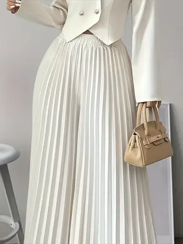 Freeacy Women's Pleated Wide Leg Skirt Pants 2025 Summer Casual Elastic Waist Trousers Party Wear Elegant Loose Fit Bottoms