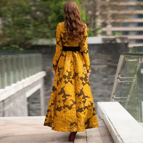 DEVCHATA High Quality Elegant Women Floral Long Sleeves Long Maxi Dress Party Gorgeou flower Boho Jacquard Vintage Dress Fall