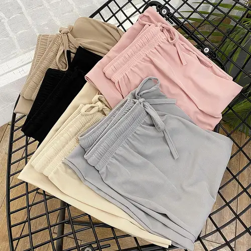 Women Ankle-Length Wide Leg Pants Casual Summer Solid Elastic Waist Loose Ice Silk Pants Spring Summer Female Trousers