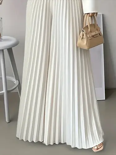 Freeacy Women's Pleated Wide Leg Skirt Pants 2025 Summer Casual Elastic Waist Trousers Party Wear Elegant Loose Fit Bottoms