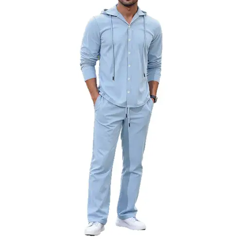 Loose Linen Men's Shirt And Pants Set with Long Sleeves And Hood Casual Wear for Spring And Autumn Season Button down