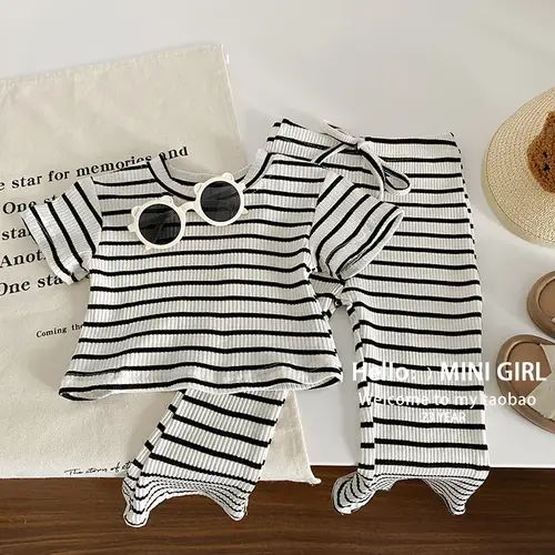 Girls' Striped Short Sleeve & Flare Pants Set - 2-Piece Summer Outfit for Toddlers (Ages 2-6) Baby Girl Outfit Set