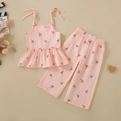 Spring and Autumn Female Infants Pink Bow Printed Suspender Skirt and Pink Trousers Two-piece Set