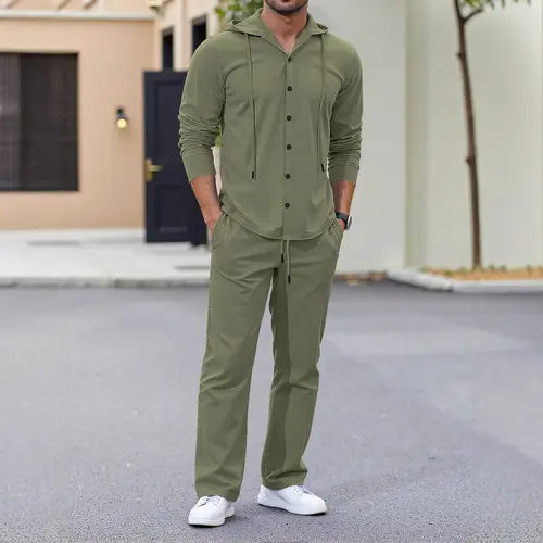 Loose Linen Men's Shirt And Pants Set with Long Sleeves And Hood Casual Wear for Spring And Autumn Season Button down