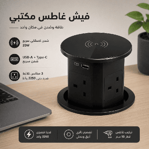 فيش غاطس مكتبي شاحن لاسلكي + 3 مقابس و USB A + Type-C