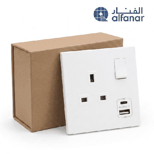 كرتون 10 حبة فيش 13 أمبير USB A+C مع مفتاح ماسه أبيض - الفنار 