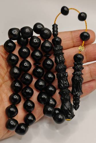 Luxury Partially Carved Black Catalin Misbaha Istanbul Shape 33 Beads 42g – Turkish Crafted
