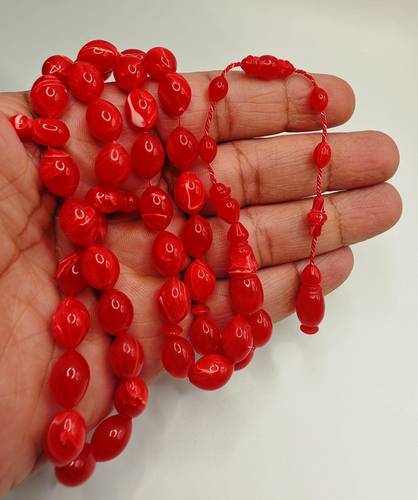 Luxury Ruby Red Vintage German Marbled Snooker Ball Bakelite Misbaha Olive Shape 39 Beads 20g – Crafted by Ahmed Hussein (Afroto)