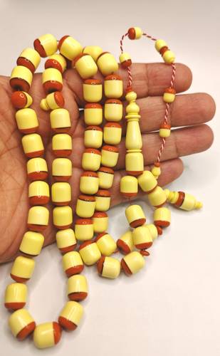 Luxury Creamy Yellow and Brick Red Vintage Two-Tone Domino Bakelite Misbaha Box Shape 55 Beads 40g – Crafted by Bank Al Kahraman