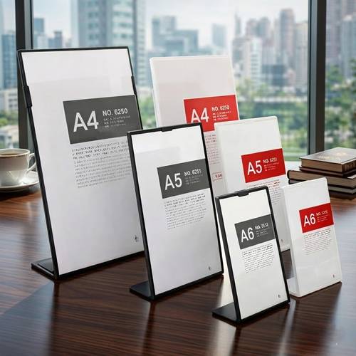A4 Acrylic Sign Holder - L-Shape Tabletop Display Stand in Black & White.