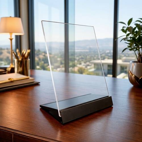Clear Acrylic Tabletop Sign Holder with Black Base.