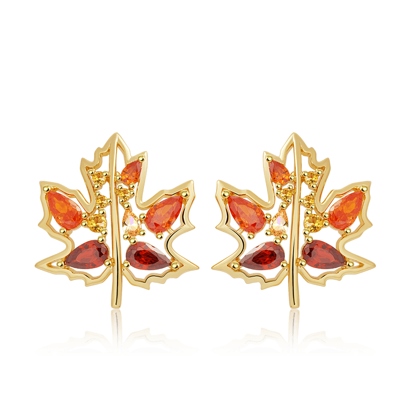 Maple Leaf Stud Earrings Inlaid with Droplet Gems