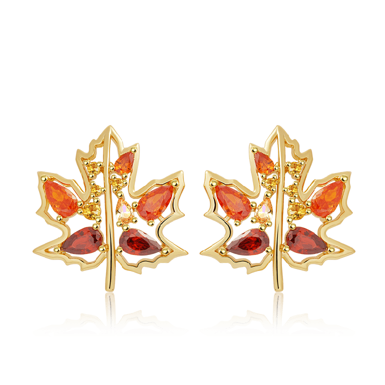 Maple Leaf Stud Earrings Inlaid with Droplet Gems
