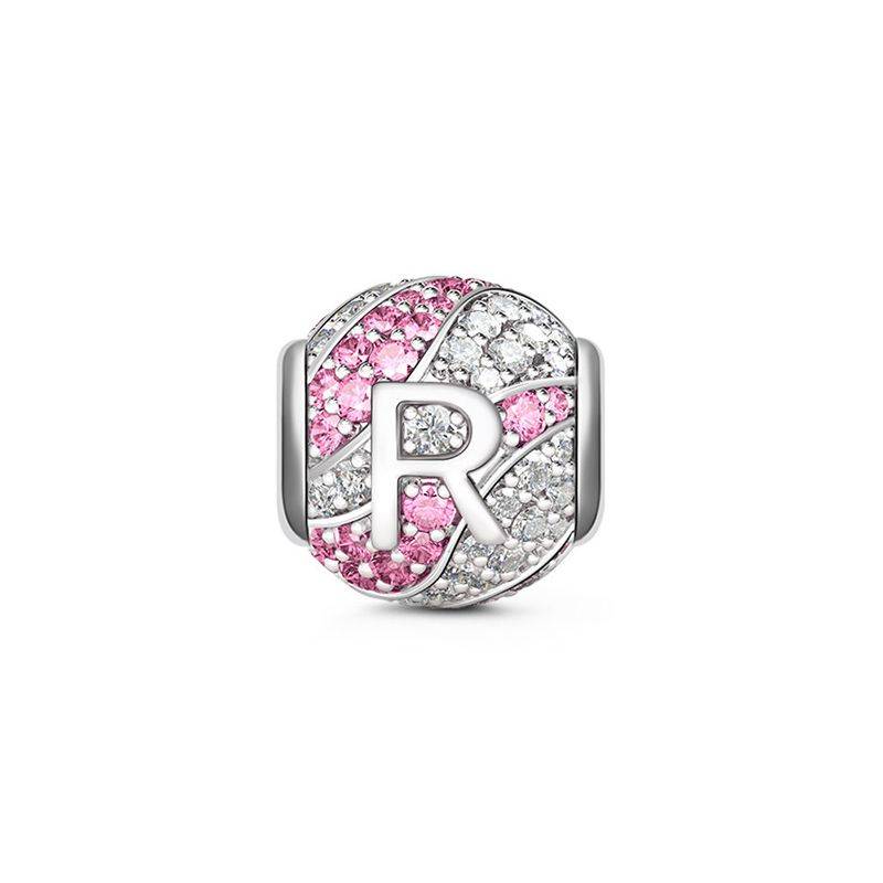 Letter R Charm with Aquamarine & Clear CZ 925 Sterling Silver