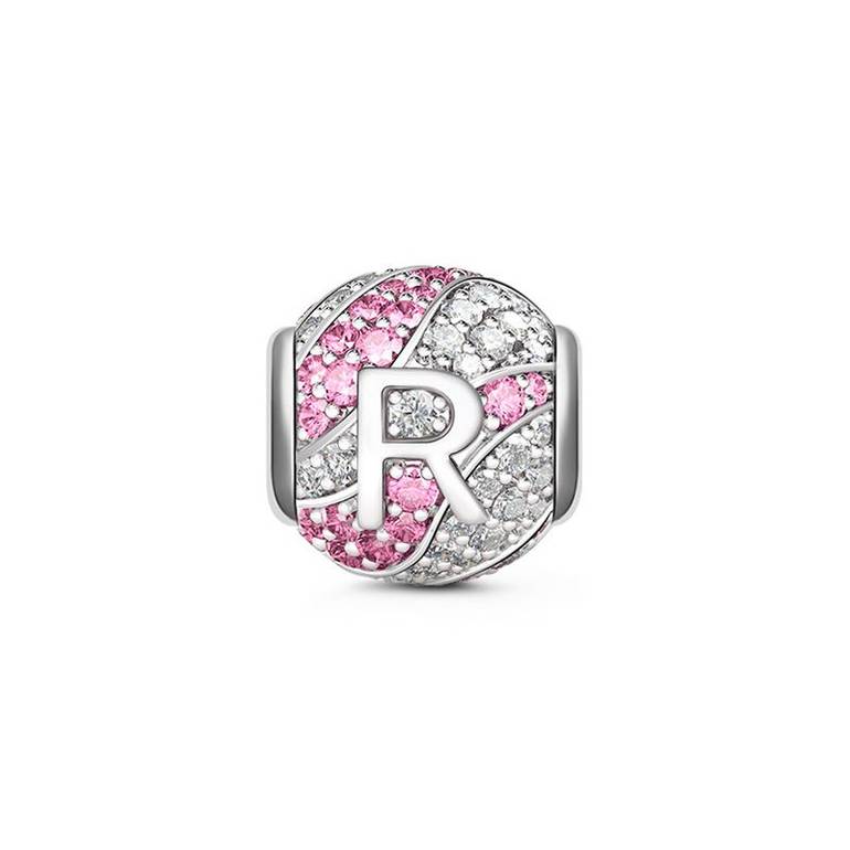 Letter R Charm with Aquamarine & Clear CZ 925 Sterling Silver