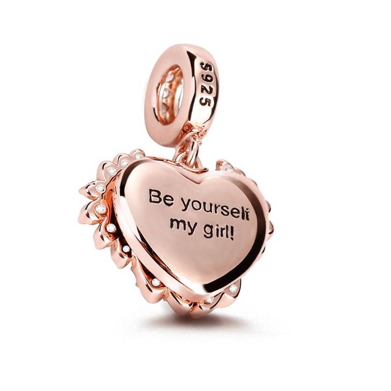 Heart with Angel'Wing Photo Charm Sterling Silver Rose Gold Pendant