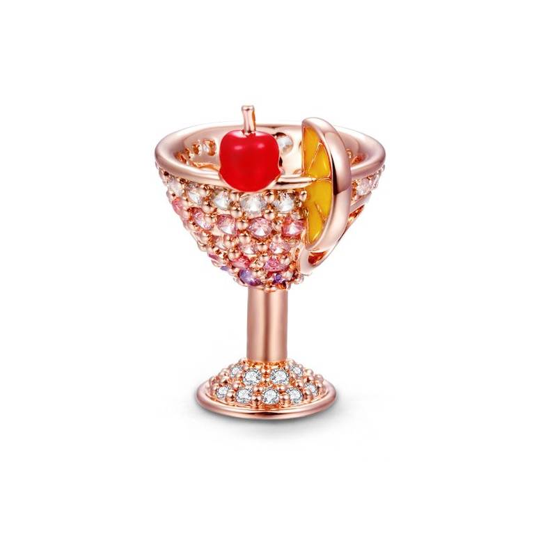 Cocktail with Cherry and Lemon Slice Charm 18k Rose Gold Plated