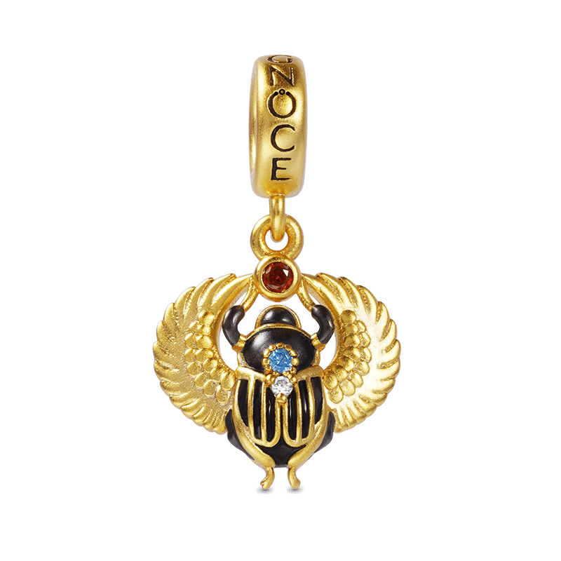 Amulet Scarab Pendant Dangle Charm 925 Sterling Silver 18K Gold Plated Inlaid with Shiny Zircon Stones