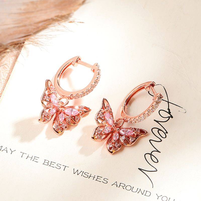 Butterfly Dangle Hoop Earrings 18k Rose Gold Plated 925 Sterling Silver Openwork