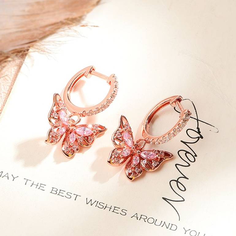 Butterfly Dangle Hoop Earrings 18k Rose Gold Plated 925 Sterling Silver Openwork